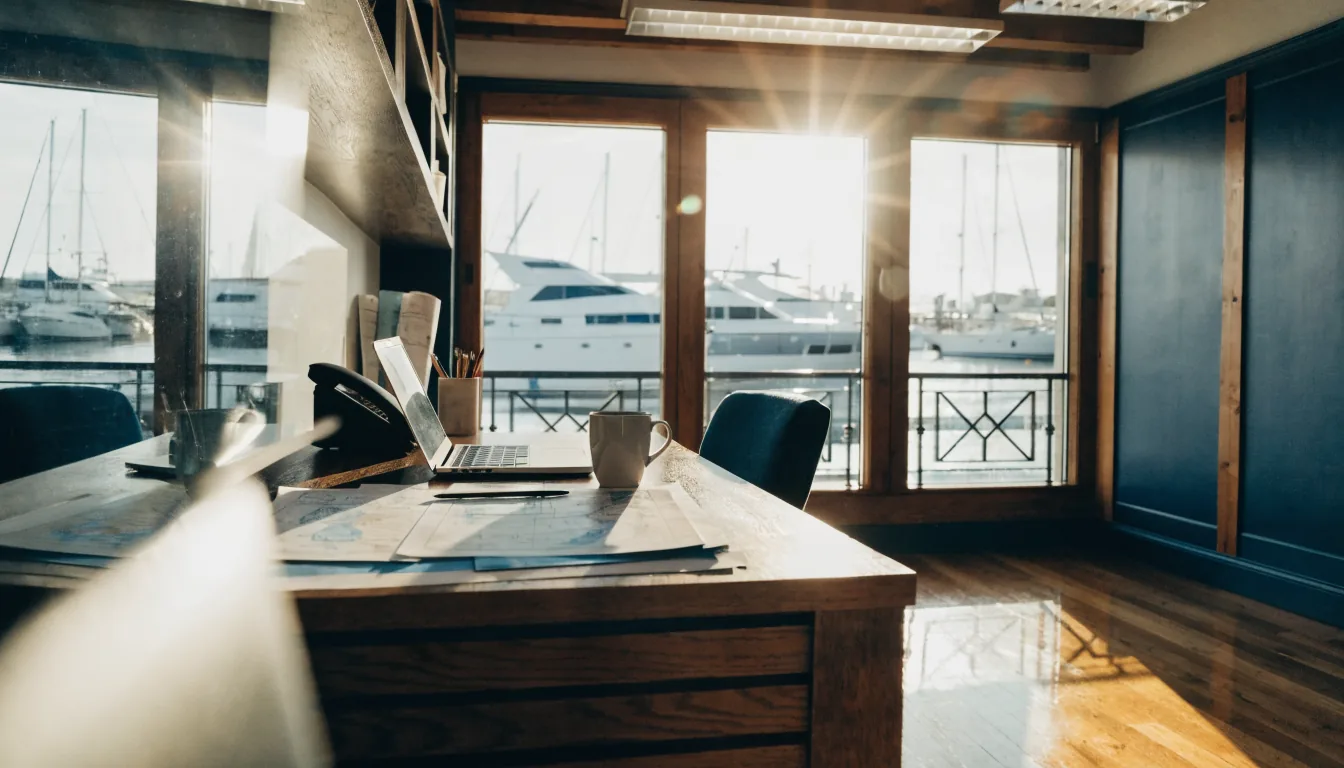 A broker's desk beside a window overlooking moored yachts, in morning light