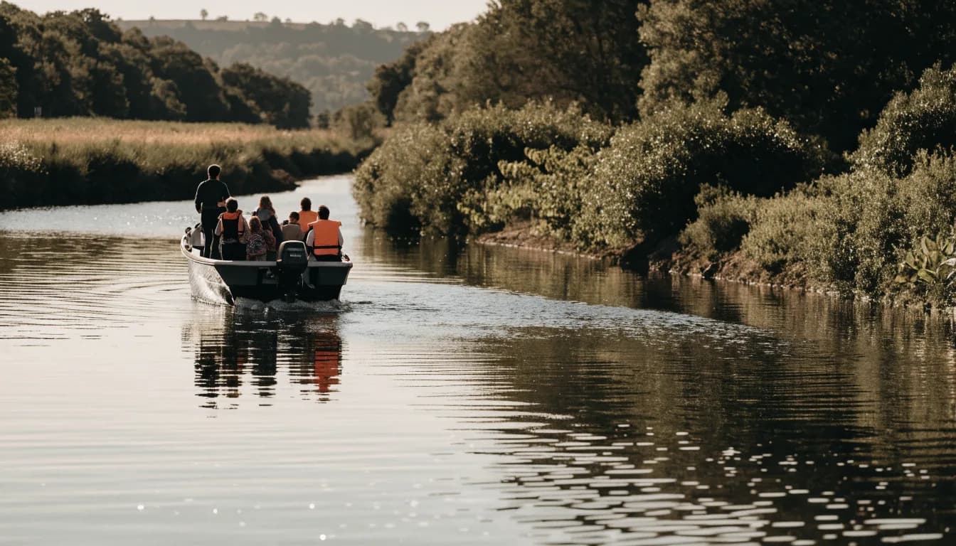A small group out on a calm waterway on a sunny afternoon, seen from behind