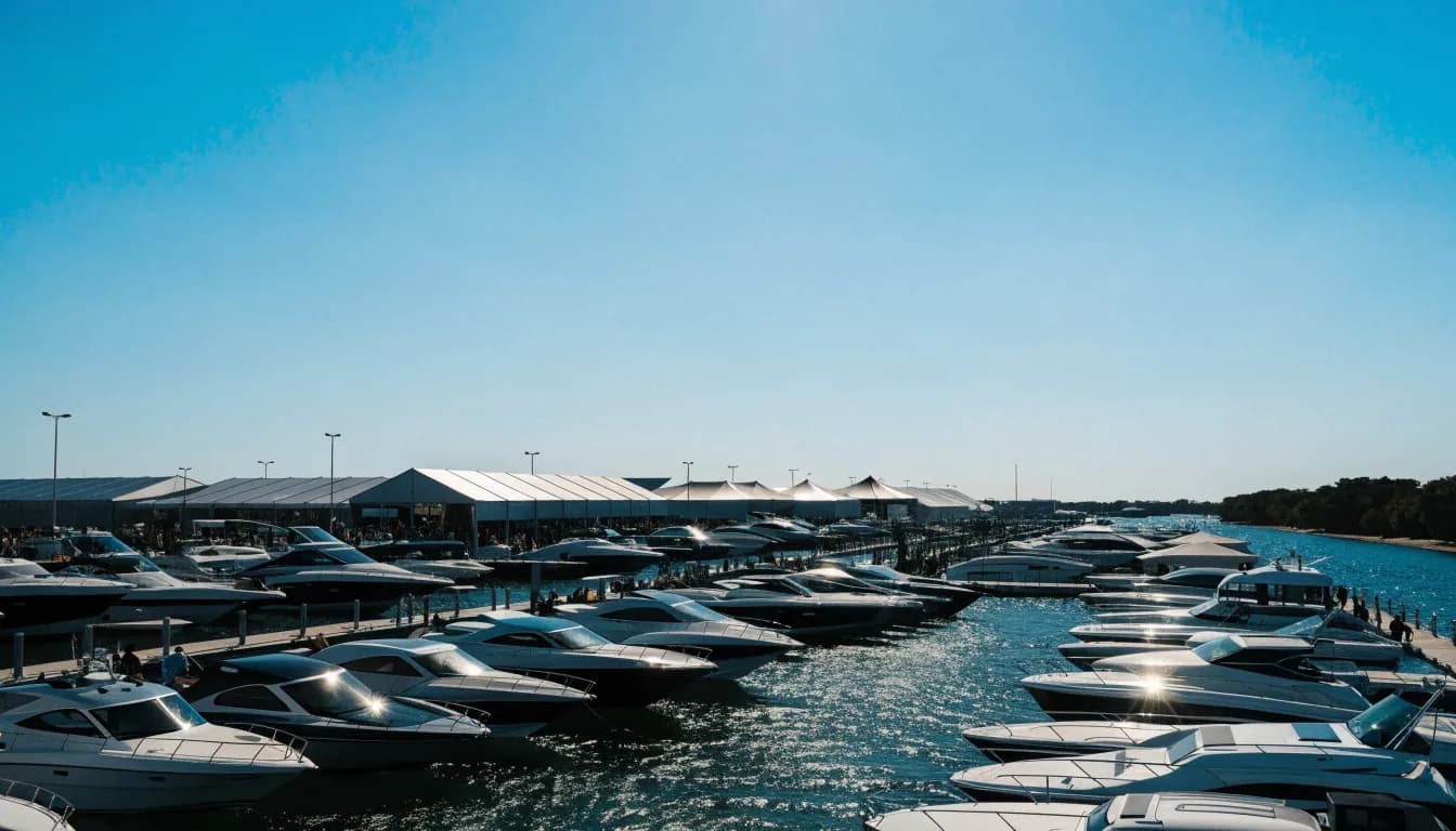 Powerboats lined along the floating docks of a boat show