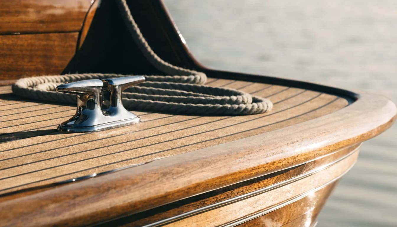 Polished teak deck and chrome cleat with a coiled mooring line