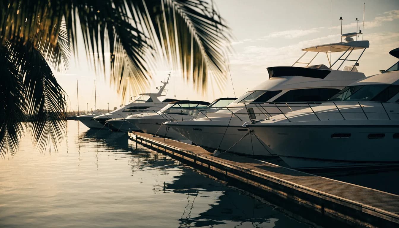 Motor yachts moored along a Fort Lauderdale dock at golden hour