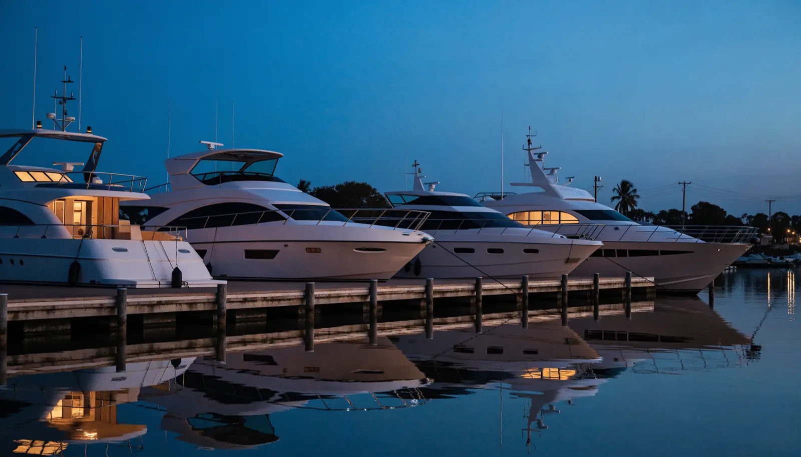 Motor yachts side-tied along a brokerage dock at dusk, cabin lights on